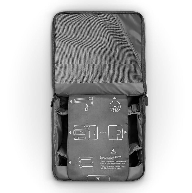 AirSense 11 Travel Bag in dark grey, the interior is open and is light grey showing the various places you can put your CPAP